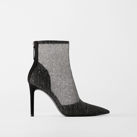 Zara Sparkly Mesh Heeled Ankle Boots 
